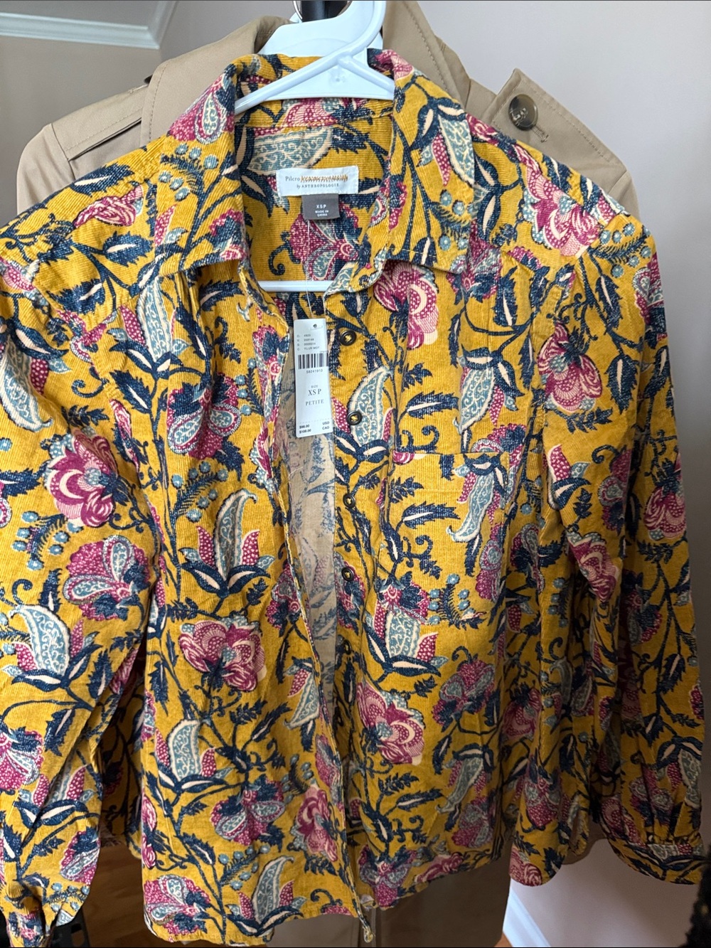 Pilcro Yellow Floral Button-Down Shirt Jacket with Pink and Navy Print